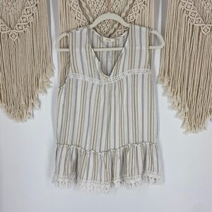Pleione White Fringe Striped Sleeveless V-neck Blouse Size Small